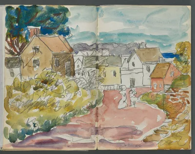 Sketchbook, The Dells, N° 127, page 166 & 167: Village with Houses and road — Maurice Prendergast