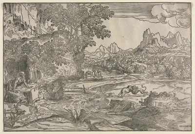 Landscape with Saint Jerome and Two Lions — Domenico Campagnola