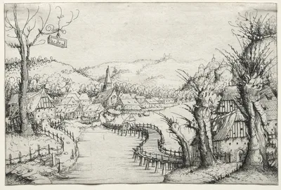 River Landscape with Three Bare Willow Trees at Right and a Long Winding Wooden Bridge at Center Leading to a Village — Augustin Hirschvogel