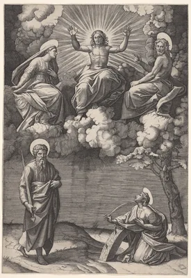 Christ, the Virgin, and St. John the Baptist with Saints Paul and Catherine — Marcantonio Raimondi