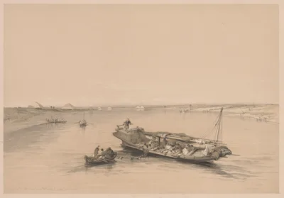 Egypt and Nubia:  Volume I - No. 4, Slave Boats on the Nile, View Looking Towards the Pyramids of Dashour and Saccara — Louis Haghe