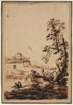Landscape with Small Group of Buildings — Guercino
