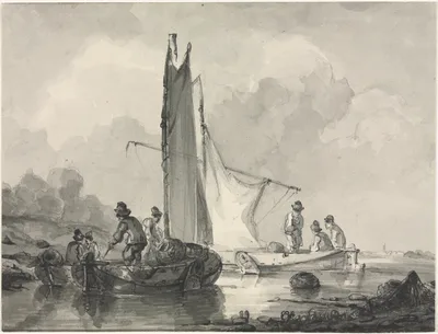 River Landscape with Fisherman and Three Boats — Albertus van Beest