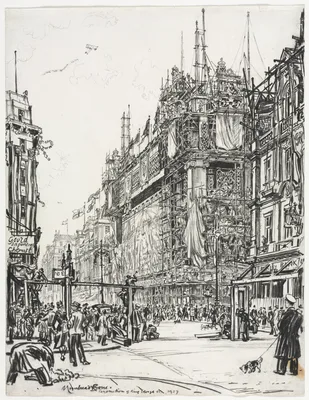 Selfridges, Oxford Street; Coronation of George VI — Muirhead Bone