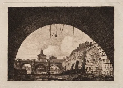 The New Bridge and the Samaritaine seen from under the First Arch of the Exchange Bridge, Paris — Charles Méryon