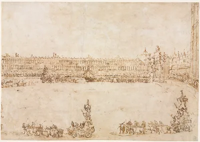A Procession of Triumphal Cars in the Piazza San Marco, Venice, Celebrating the Visit of the Conti del Nord (recto) — Francesco Guardi
