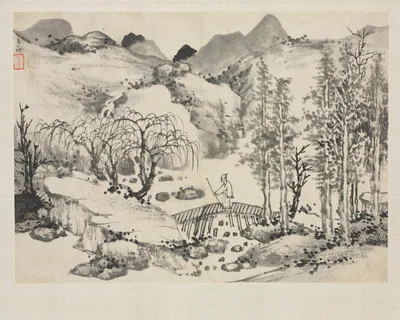 Landscape Album in Various Styles: Landscape with Artist on a Bridge — Zha Shibiao