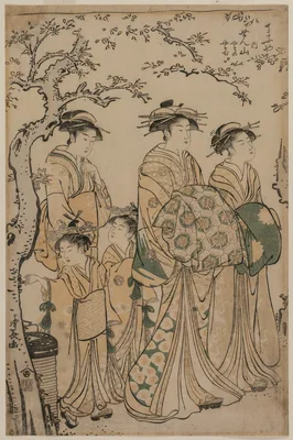 The Courtesan Senzan of Chojiya Strolling with her Kamuro Yasono and Yasoji and Two Shinzo — Torii Kiyonaga
