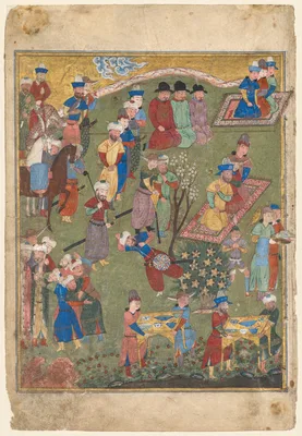 Royal Reception in a Landscape, left folio from the double frontispiece of a Shahnama (Book of Kings) of Firdausi (Persian, about 940–1019 or 1025)