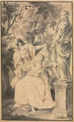 Allegorical Scene: Couple before a Statue — F. Muller