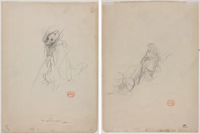 Sketch for "The Wolf Turned Shepherd" (recto) Sketch of Hunting Scene (verso) — Gustave Doré