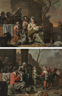 Vintage Scene and Peasant Children Dancing (painting pair) — Le Nain