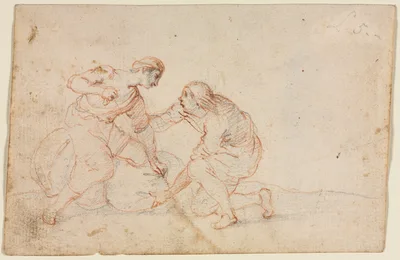 Two Men Tying a Bundle (recto) — Anonymous