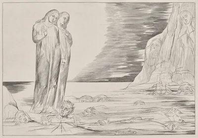 The Circle of the Traitors: Dante's Foot Strriking Bocca degli Abbate, from Dante's Inferno, Canto XXXII Illustration to Dante's The Divine Comedy — William Blake