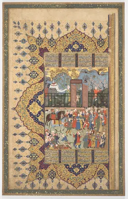 King Luhrasp Ascends the Throne: a Processon Arrives at Court (recto); the Story of King Luhrasp (verso) from a Shahnama (Book of Kings) of Firdausi (940-1019 or 1025)