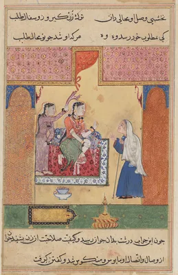 The old procuress conveys the young man’s message of love to Mansur’s wife, from a Tuti-nama (Tales of a Parrot: Seventeenth Night — Sravana