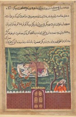 Khulasa, a vizier, sees the daughter of Khassa, another vizier, and covets her, from a Tuti-nama (Tales of a Parrot): Fifty-first Night