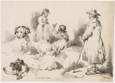 Studies of Children (Two Little Girls); Two Dogs; A Man — George Morland
