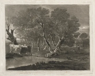 Wooded Landscape with Cows beside a Pool, Figures and Cottage — Thomas Gainsborough