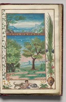 Two Landscapes with Dog, Putti, Rat, Cat, and Urn Border, folio 41 (recto), from Florilegium (A Book of Flower Studies)
