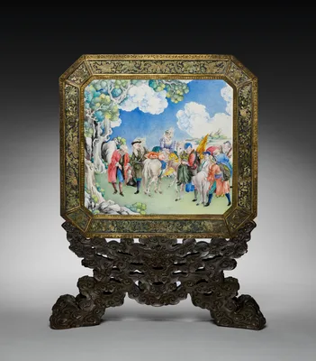 Screen with European Figures (obverse) and Landscape (reverse) with Stand