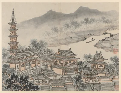 The Thousand Buddha Hall and the Pagoda of the "Cloudy Cliff" Monastery, from Twelve Views of Tiger Hill, Suzhou — Shen Zhou