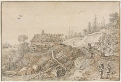 Hilly Landscape with Hut Beside a Stream — Esaias van de Velde