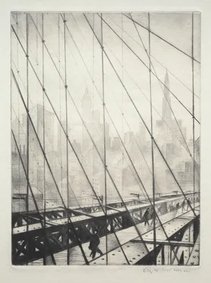 Looking through Brooklyn Bridge — C. R. W. Nevinson