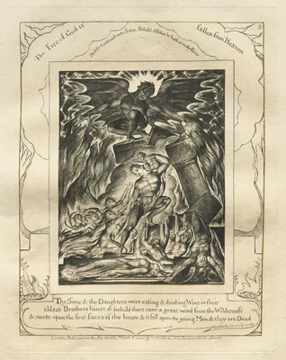 The Book of Job:  Pl. 3, Thy Sons and thy Daughters were eating and drinking Wine in their / eldest Brothers house — William Blake