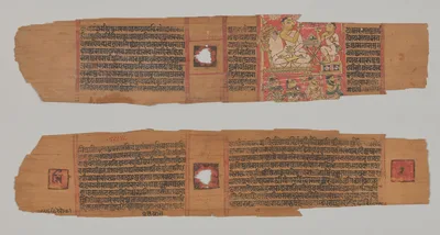 Folio 2 from a Parshvanatha Charitra (Life and Stories of Lord Parshva) of Bhavadeva-suri: Monk preaching to a disciple with a lay audience (recto); Text (verso)