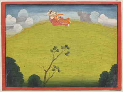 Pradyumna and Mayavati Fly to Dvaraka, from the Large Basohli Bhagavata Purana
