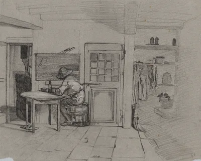 A Farmhouse Interior with a Boy at a Table — Alexandre-Gabriel Decamps