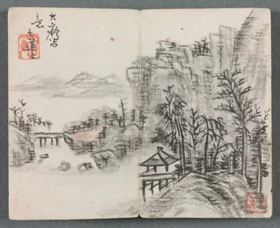 Miniature Album with Figures and Landscape (Cliff Landscape with Bridge) — Zeng Yandong