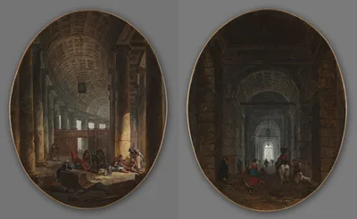 Pair of Paintings: The Colonnade of St. Peter's, Rome, during the Conclave and The Grotto of Posillipo — Hubert Robert