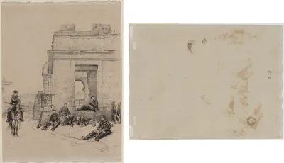 Soldiers Resting (recto); Sketch of a Man with Upraised Arm and Sketch of a Helmet (verso) — Édouard Detaille
