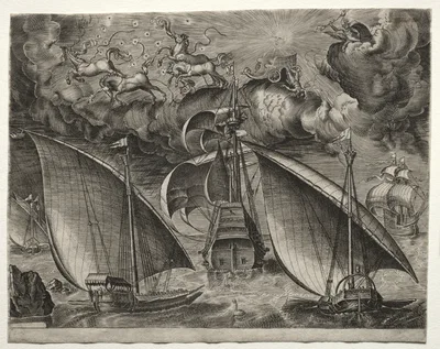 Sailing Vessels: Two Galleys Sailing Behind an Armed Three-Master with Phaeton and Jupiter in the Sky — Pieter Brueghel the Younger