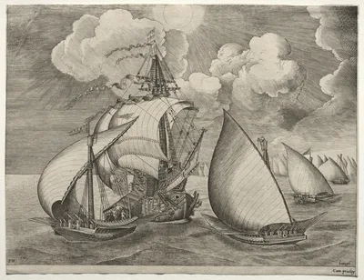 Sailing Vessels: A Fleet of Galleys Escorted by a Caravel — Pieter Brueghel the Younger