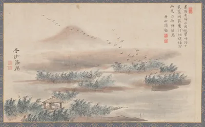 Wild Geese Descending on a Sandbar, from Eight Views of Xiao-Xiang — Tani Bunchō