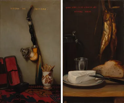 Still Life with Pipe and Matches and Still Life with Herring, Bread, and Cheese (pair) — Alexandre-Gabriel Decamps