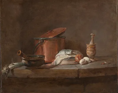 Kitchen Utensils with Leeks, Fish, and Eggs — Jean-Baptiste-Siméon Chardin