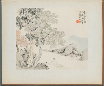Album of Landscape Paintings Illustrating Old Poems:  Three Big Trees, a Stream with an Old Man Sitting on the Bank — Hua Yan