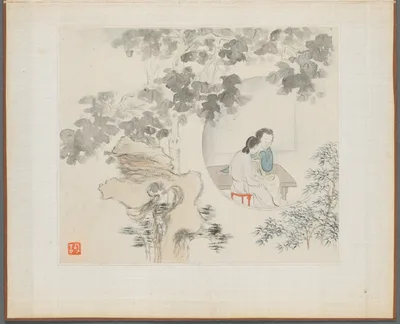 Album of Landscape Paintings Illustrating Old Poems: Two Women with Needlework in a Garden — Hua Yan