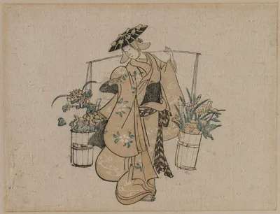 A Beauty Carrying Two Buckets of Flowers — Torii Kiyomasu