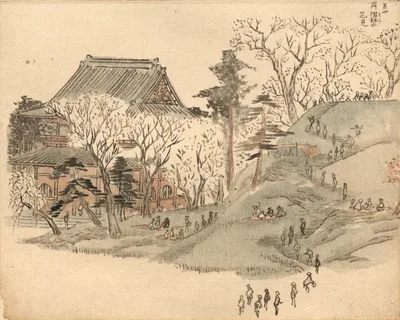 Cherry Blossom Viewing at the Temple on Mt. Suribachi after a Design in Volume 5 of Picture Book of the Souvenirs of Edo (Ehon Edo miyage) — Utagawa Hiroshige