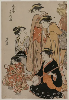 Women Watching a Girl Dance on Shells (From the series Fashionable Presentations of Three Horses) — Torii Kiyonaga