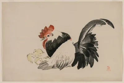 Rooster, Hen, and Chicks — Shibata Zeshin