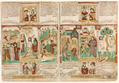 The Bible of the Poor (Biblia Pauperum),
Pharaoh's Army Drowned in the Red Sea; Baptism of Christ; and Moses' Spies Returning with Grapes from Canaan
Esau Selling Jacob his Birthright; Temptation of Christ; and Temptation of Adam and Eve