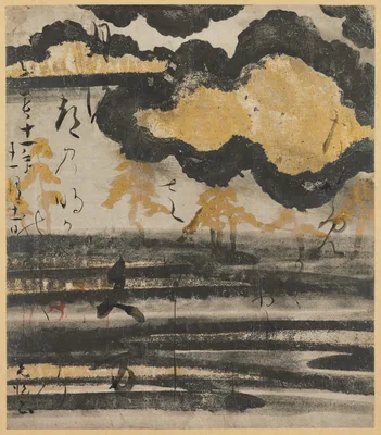 Poem-card from the Shinkokin wakashu (New Collection of Japanese Poems from Ancient and Modern Times) with Design of Pine on a Beach — Honami Kōetsu