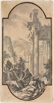 Figures Near the Ruins of a Corinthian Temple (recto) — Andrea Locatelli