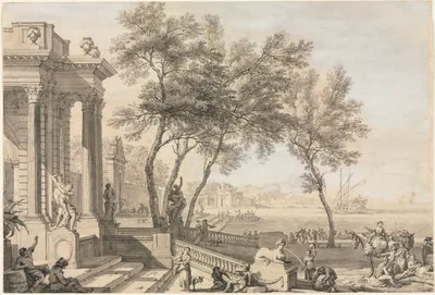 Fantastic Harbor Scene with Architecture and Figures — Isaac de Moucheron
